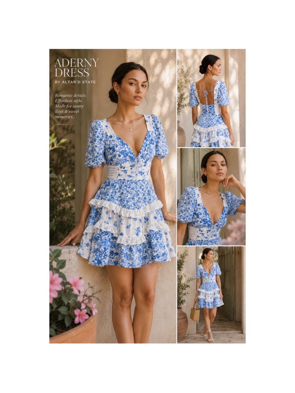 Altar'd State Blue & White Floral Tiered Mini Dress